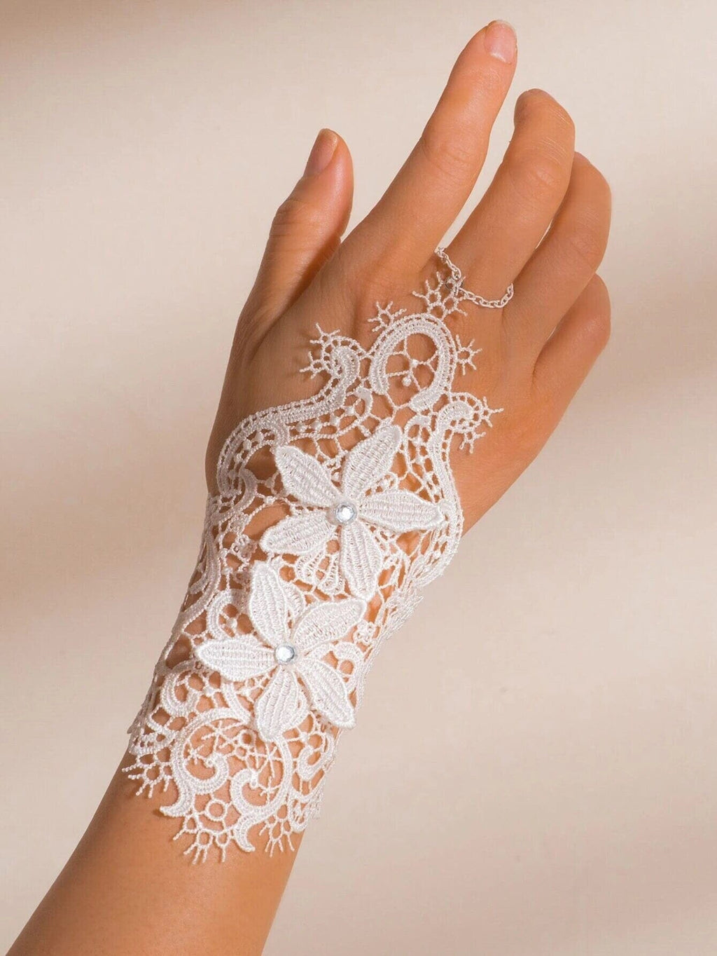 White Tatted Lace Bridal Gloves, Wedding Rhinestone Crystal Embroidered Knitted Gloves, First Communion Girl Gloves, 1 Pair - KaleaBoutique.com
