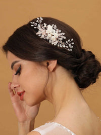 Clay Flower Crystal Bead Hair Comb, Pearl Leaf Bridal Hair Comb, Wedding Ceramic White Flower Hairpiece - KaleaBoutique.com