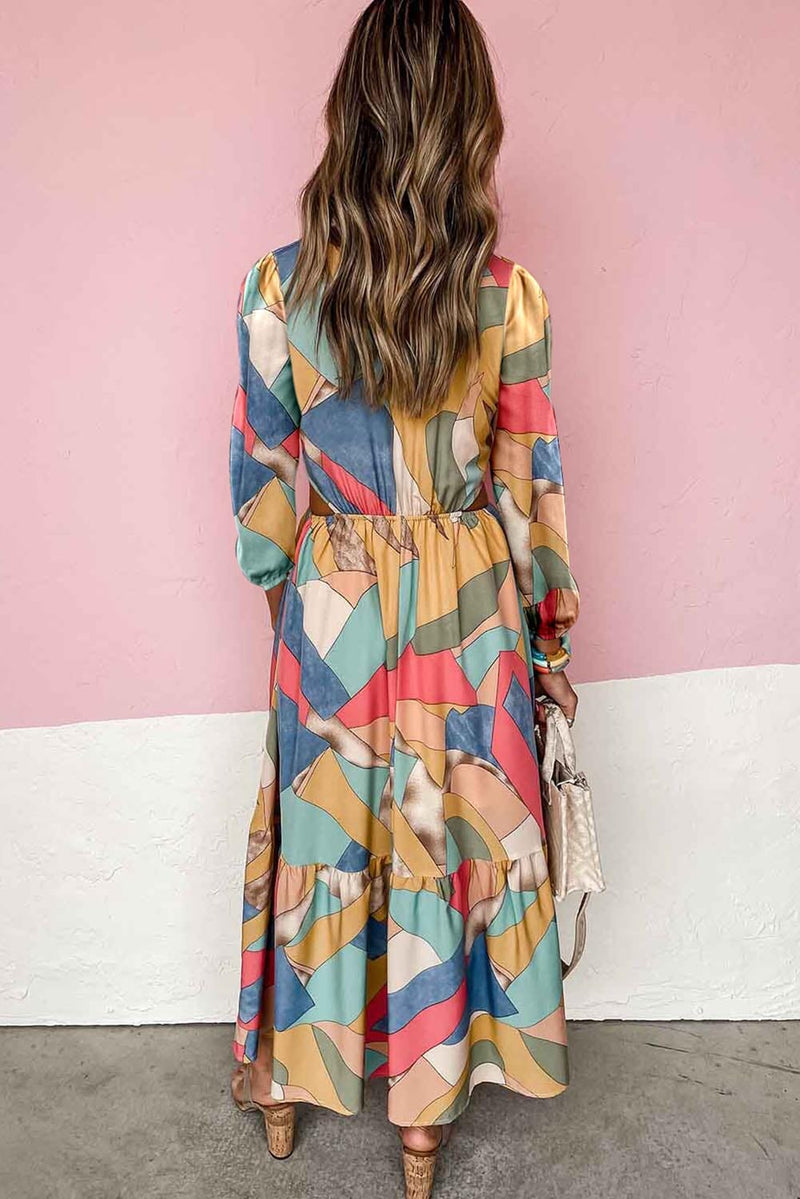 KaleaBoutique Stylish Abstract Print O-ring Cut-Out Long Sleeve Maxi Dress - KaleaBoutique.com