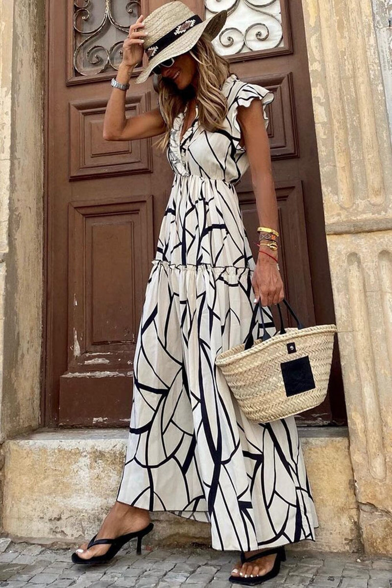 KaleaBoutique Stylish Beautiful Abstract Vein Print V Neck Ruffle Maxi Dress - KaleaBoutique.com