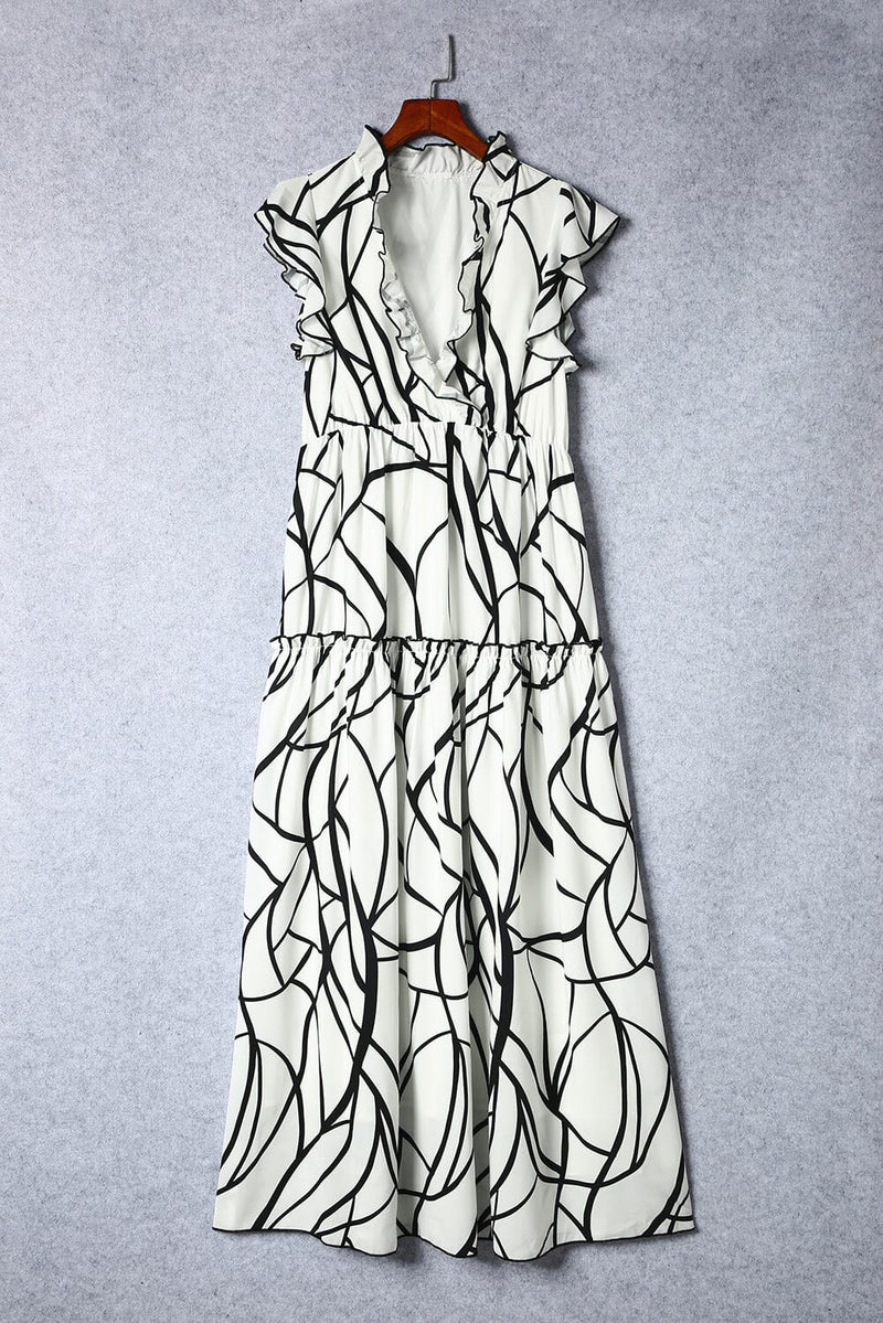 KaleaBoutique Stylish Beautiful Abstract Vein Print V Neck Ruffle Maxi Dress - KaleaBoutique.com