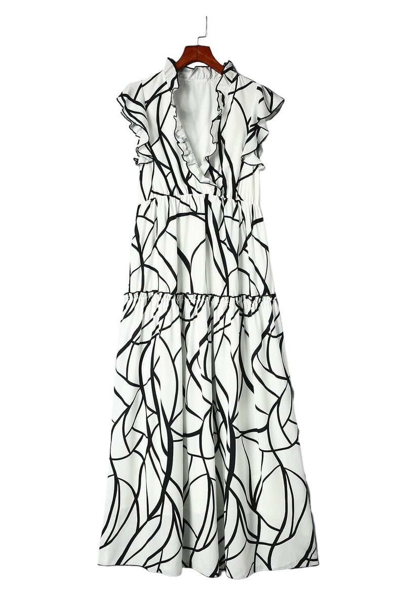 KaleaBoutique Stylish Beautiful Abstract Vein Print V Neck Ruffle Maxi Dress - KaleaBoutique.com