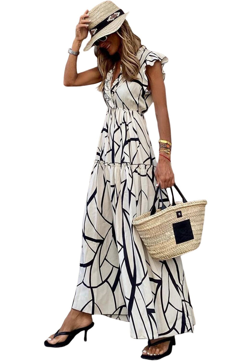 KaleaBoutique Stylish Beautiful Abstract Vein Print V Neck Ruffle Maxi Dress - KaleaBoutique.com