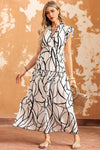 KaleaBoutique Stylish Beautiful Abstract Vein Print V Neck Ruffle Maxi Dress - KaleaBoutique.com