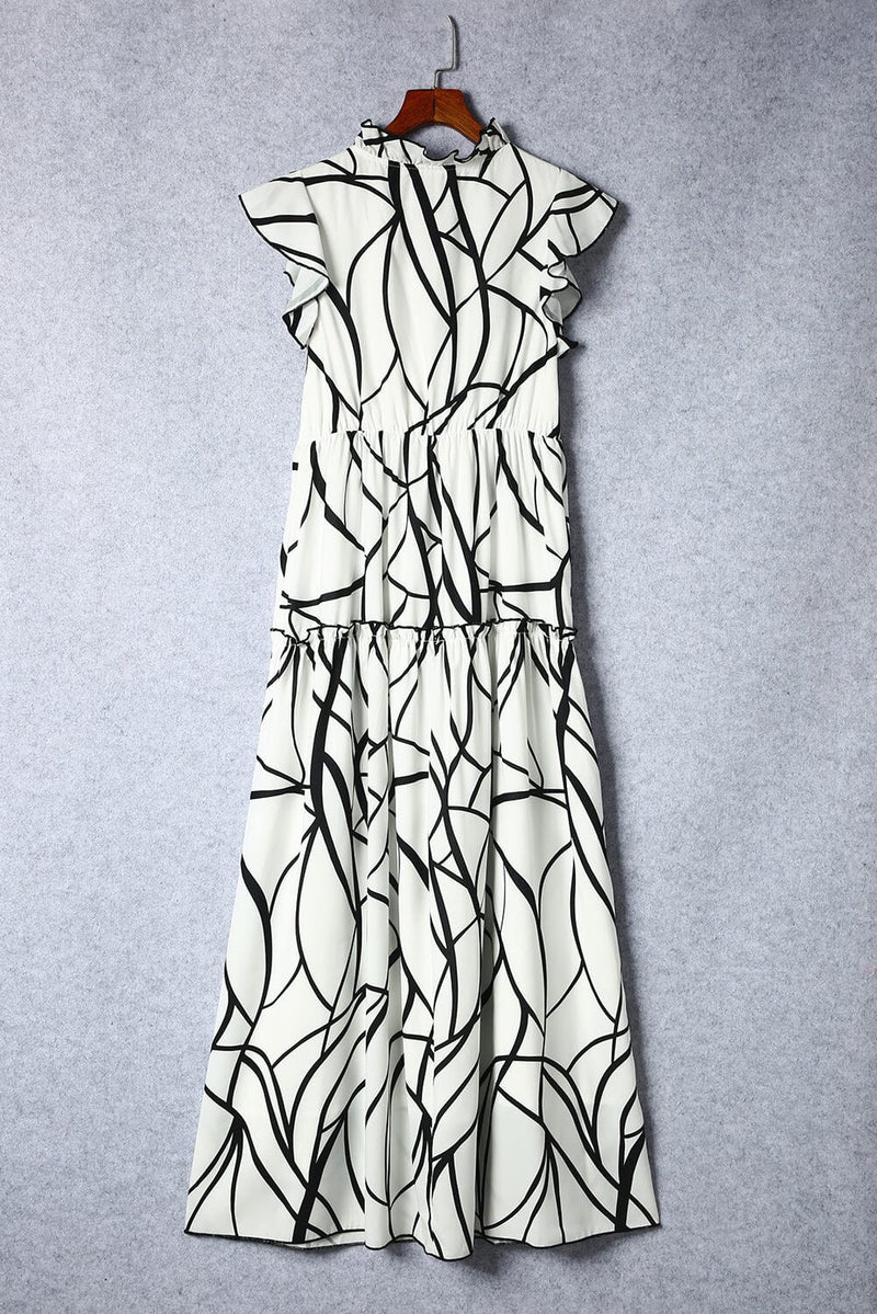 KaleaBoutique Stylish Beautiful Abstract Vein Print V Neck Ruffle Maxi Dress - KaleaBoutique.com