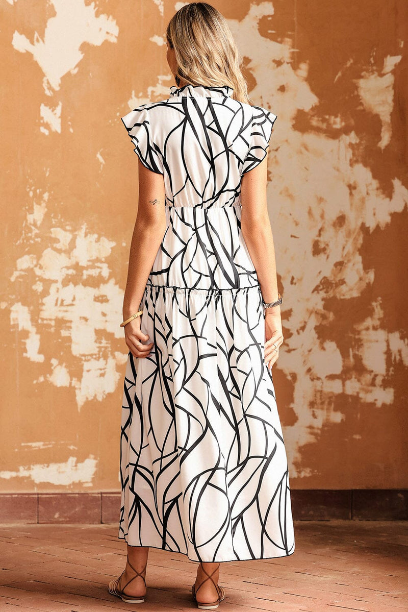 KaleaBoutique Stylish Beautiful Abstract Vein Print V Neck Ruffle Maxi Dress - KaleaBoutique.com