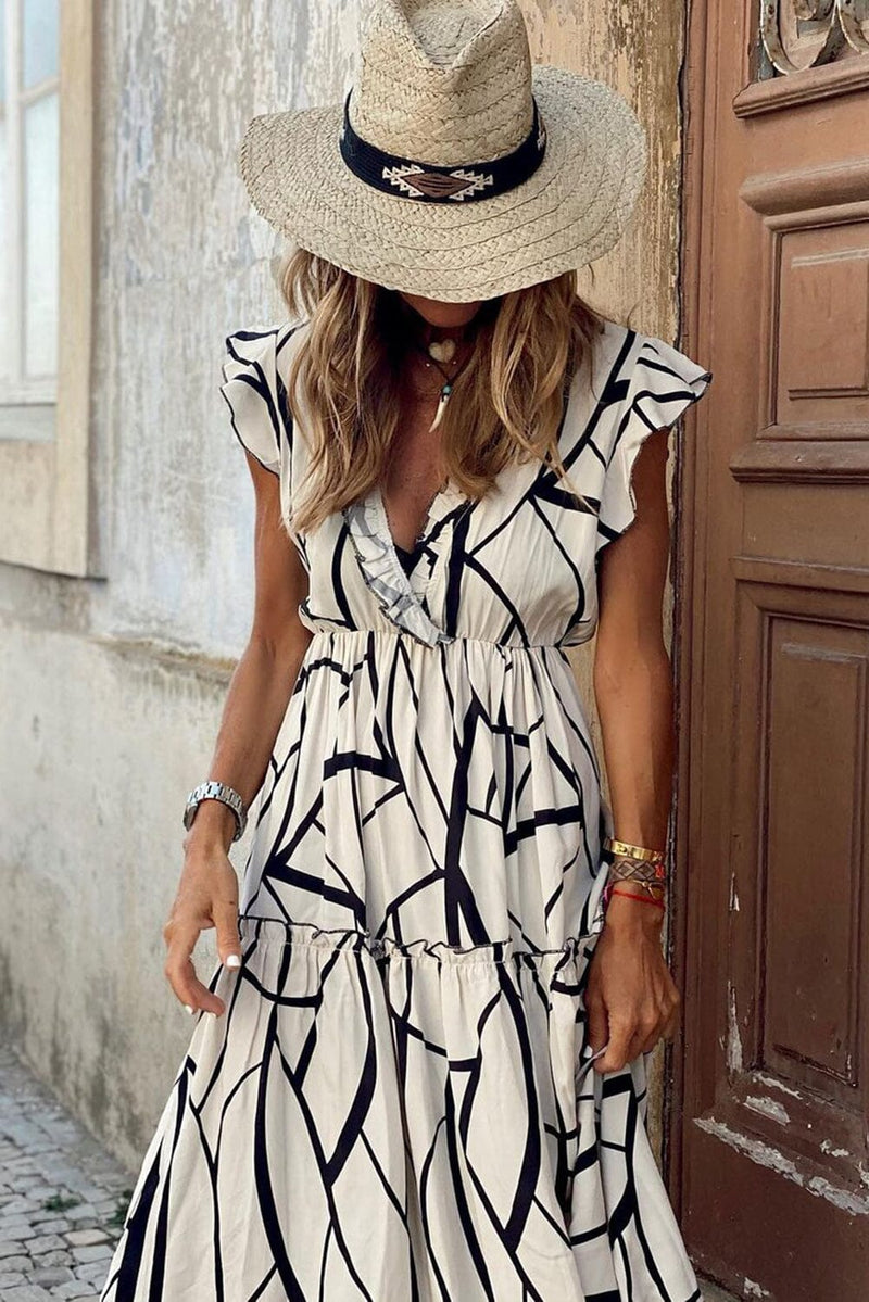 KaleaBoutique Stylish Beautiful Abstract Vein Print V Neck Ruffle Maxi Dress - KaleaBoutique.com