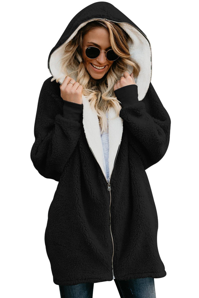 KaleaBoutique Beautiful Warm Black Zip Down Hooded Fluffy Coat - KaleaBoutique.com