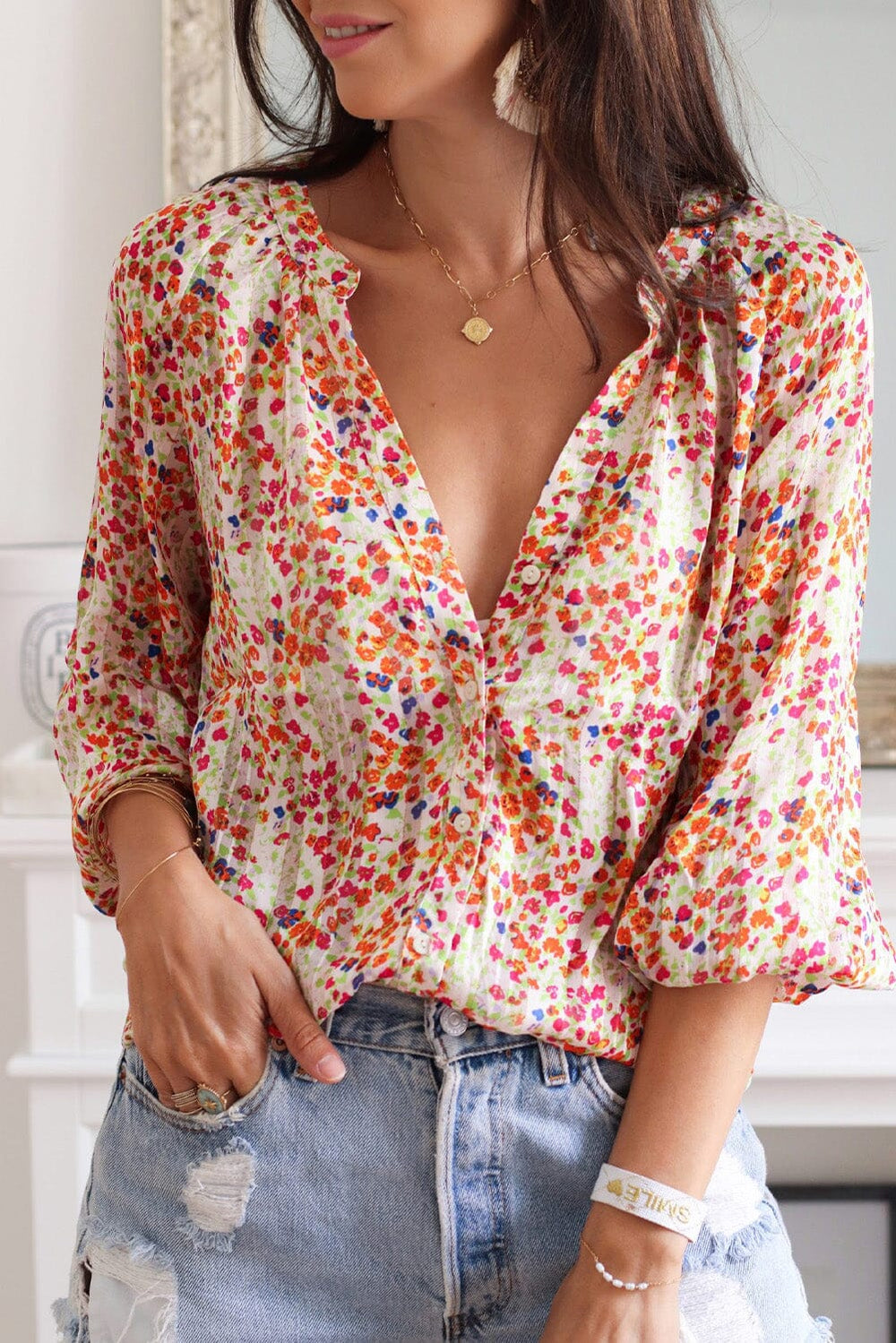 KaleaBoutique Stylish Casual Boho Floral Print Button Front Shirt