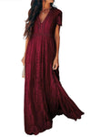 KaleaBoutique Beautiful Burgundy Deep V Neck Short Sleeve Lace Maxi Dress - KaleaBoutique.com