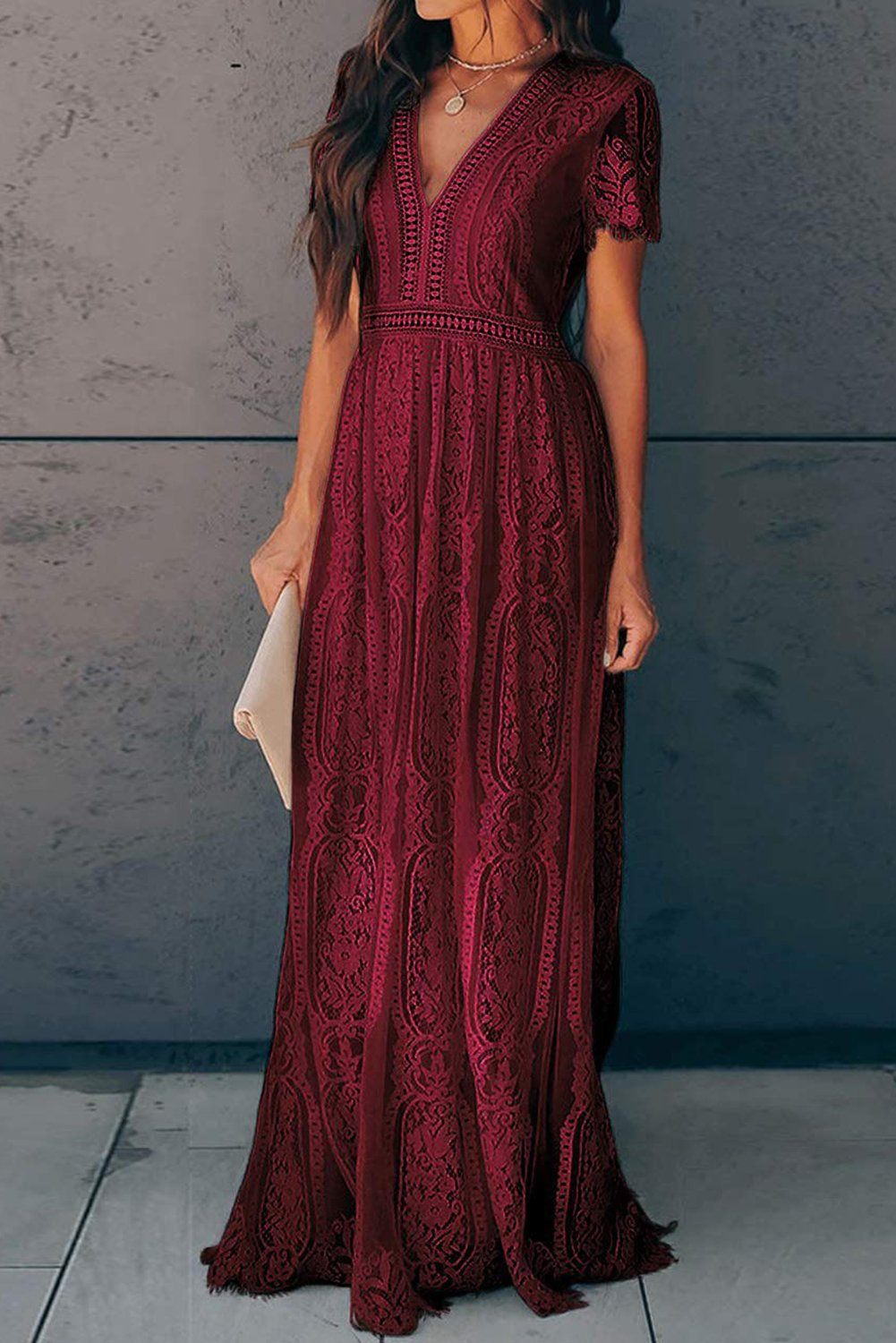 KaleaBoutique Beautiful Burgundy Deep V Neck Short Sleeve Lace Maxi Dress Red / (US 16-18)xl KaleaBoutique Beautiful Burgundy Deep V Neck Short Sleeve Lace Maxi Dress Red / (US 16-18)xl