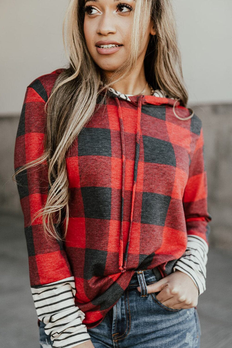 KaleaBoutique Christmas Plaid Striped Patchwork Drawstring Hoodie - KaleaBoutique.com