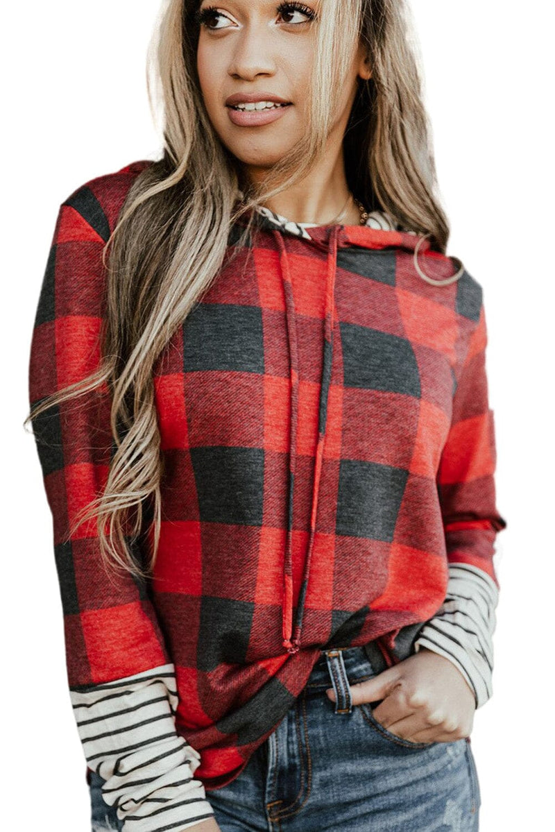 KaleaBoutique Christmas Plaid Striped Patchwork Drawstring Hoodie - KaleaBoutique.com