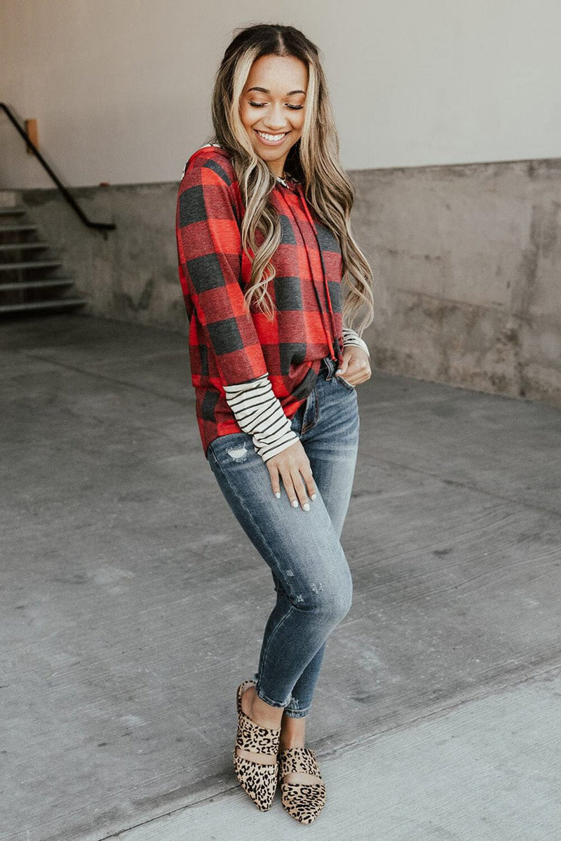 KaleaBoutique Christmas Plaid Striped Patchwork Drawstring Hoodie - KaleaBoutique.com