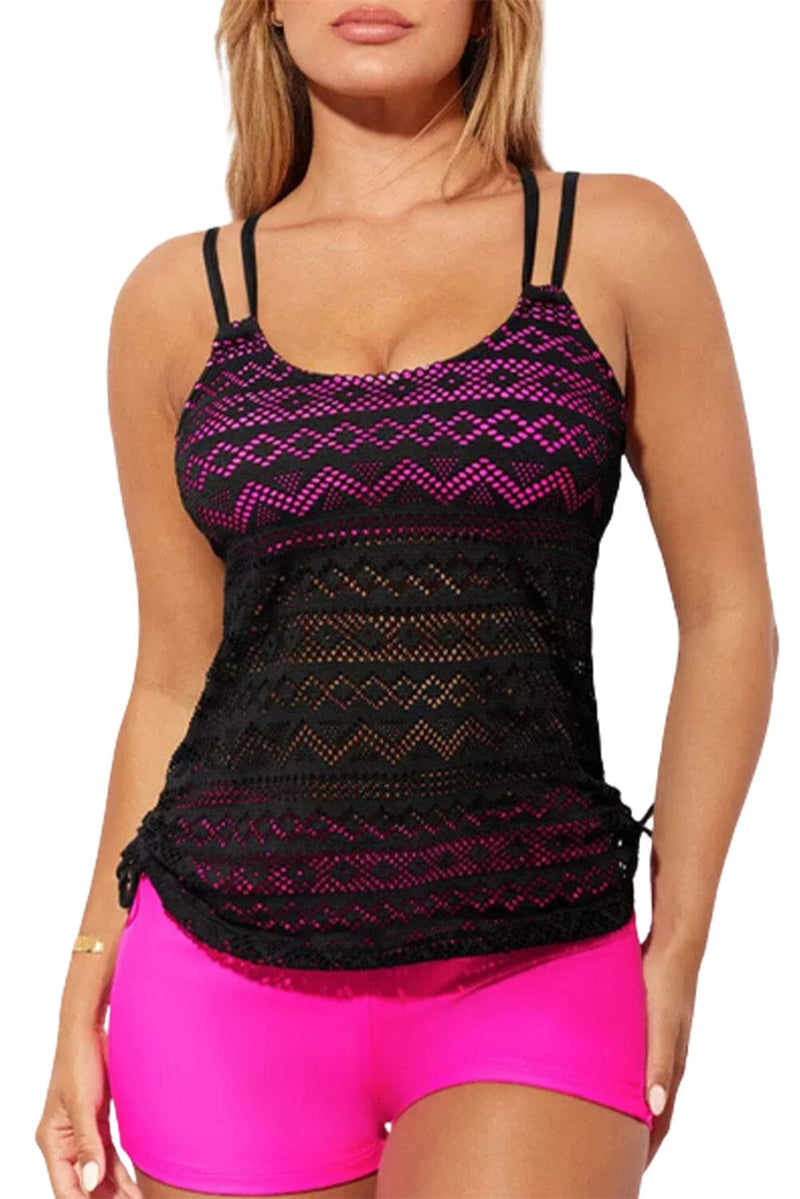 KaleaBoutique Stylish Colorful Color Block Lace Drawstring 2 Piece Tie Tankini Set - KaleaBoutique.com