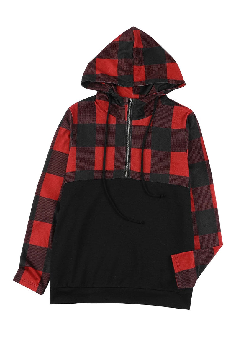 KaleaBoutique Contrast Buffalo Plaid Zip Pullover Hooded Top - KaleaBoutique.com