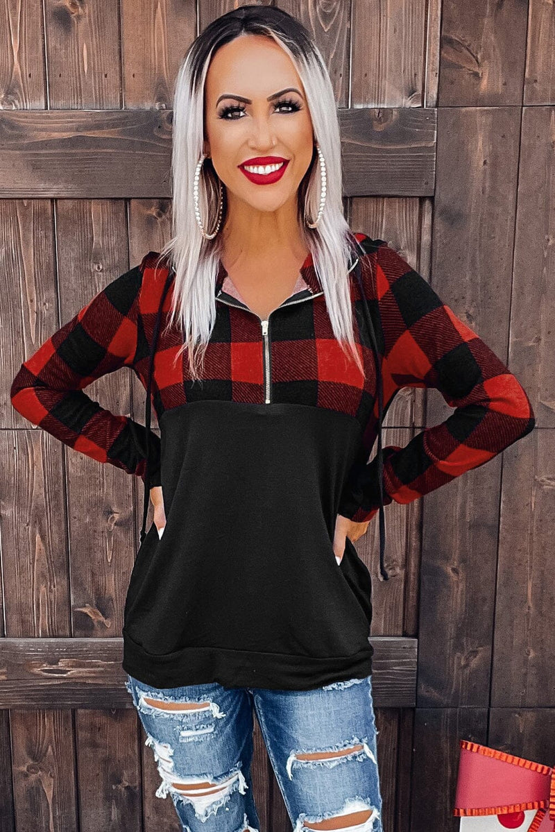 KaleaBoutique Contrast Buffalo Plaid Zip Pullover Hooded Top - KaleaBoutique.com