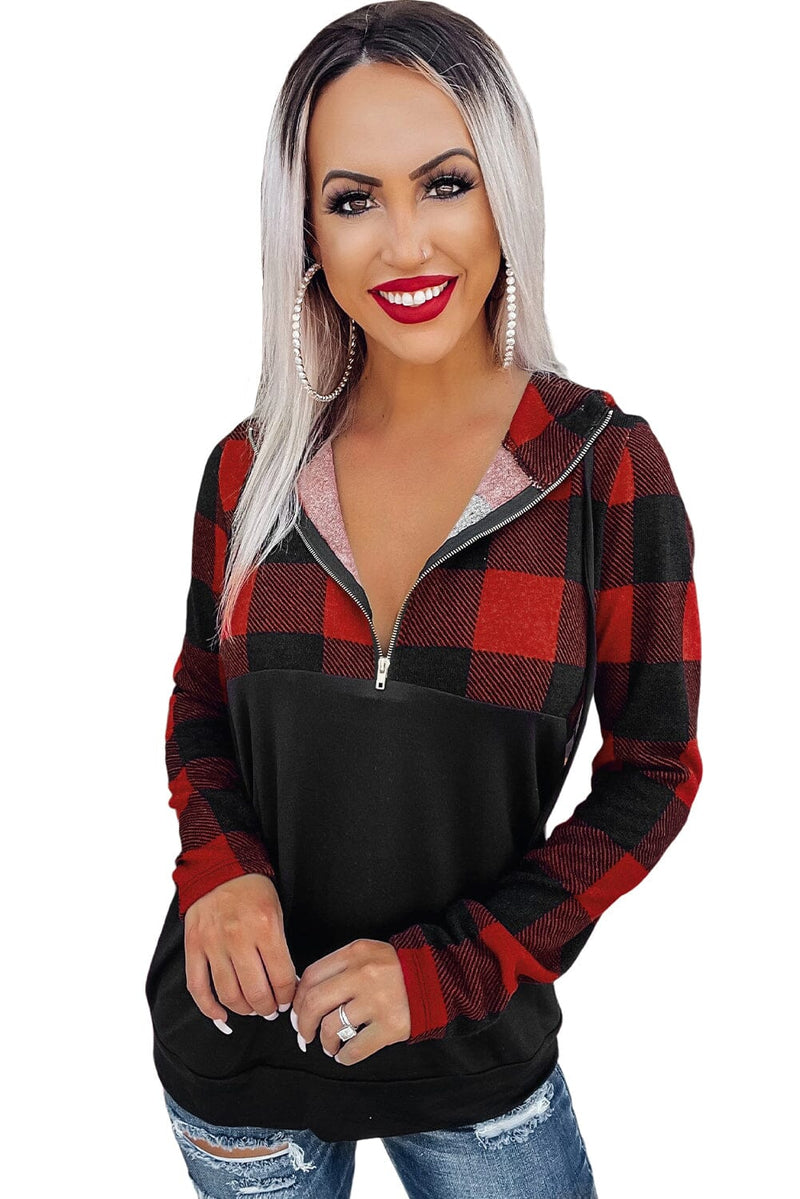 KaleaBoutique Contrast Buffalo Plaid Zip Pullover Hooded Top - KaleaBoutique.com