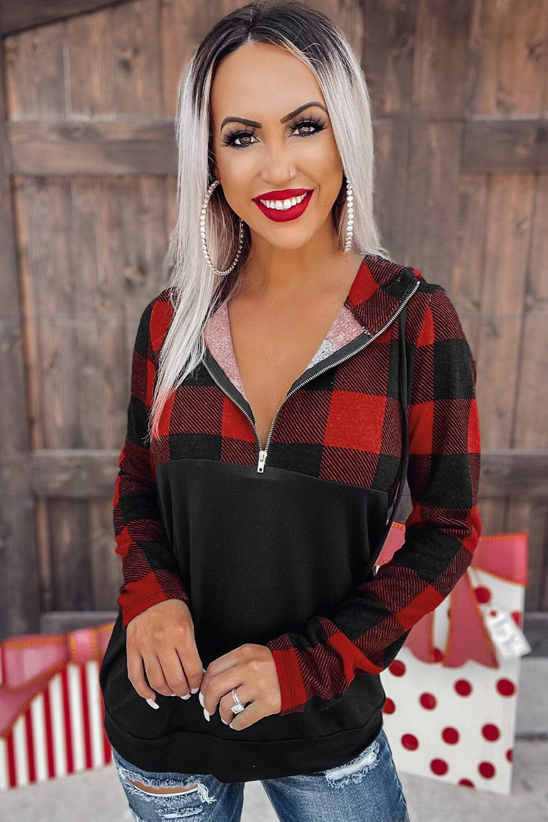 KaleaBoutique Contrast Buffalo Plaid Zip Pullover Hooded Top - KaleaBoutique.com