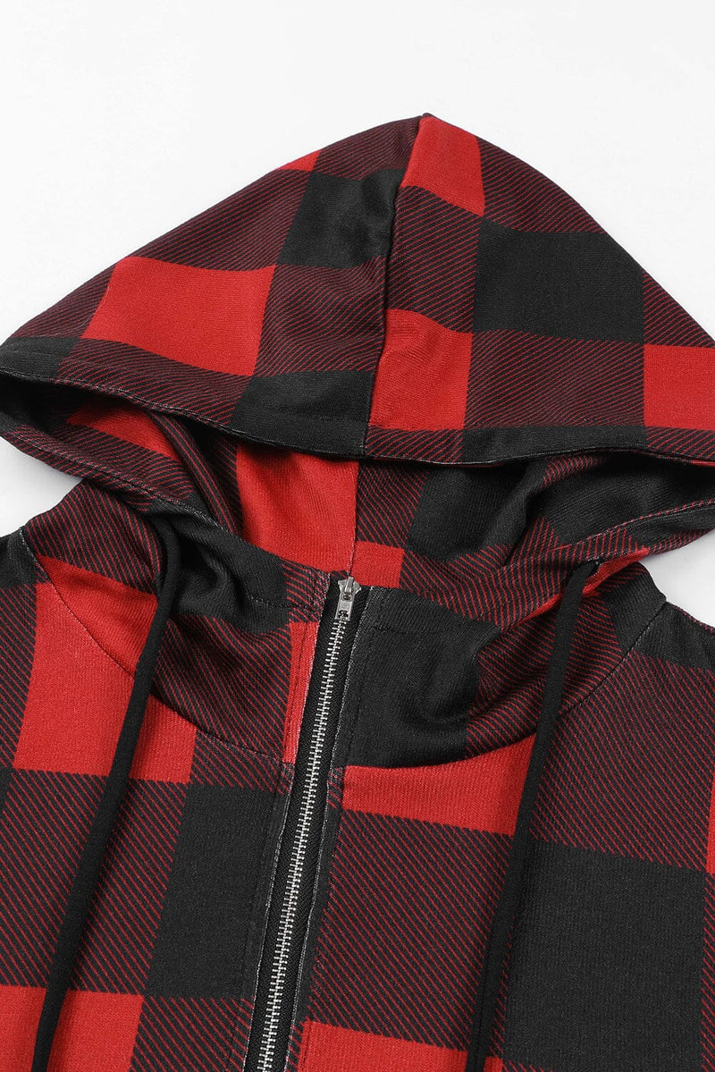 KaleaBoutique Contrast Buffalo Plaid Zip Pullover Hooded Top - KaleaBoutique.com