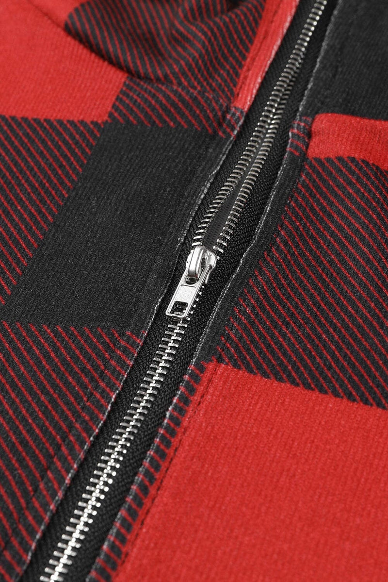 KaleaBoutique Contrast Buffalo Plaid Zip Pullover Hooded Top - KaleaBoutique.com