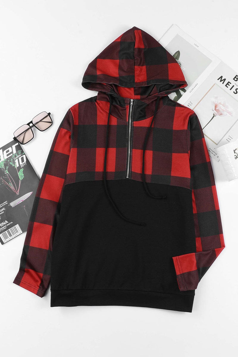 KaleaBoutique Contrast Buffalo Plaid Zip Pullover Hooded Top - KaleaBoutique.com