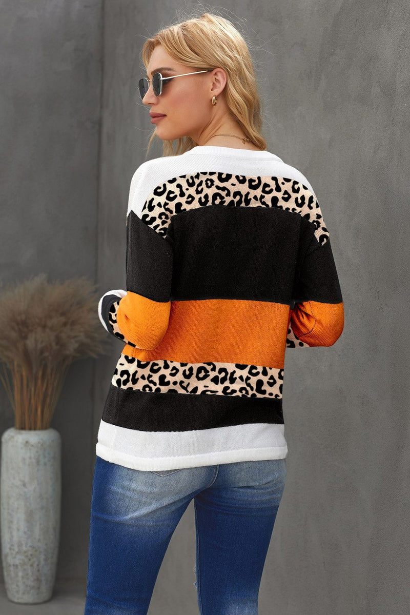 KaleaBoutique Crewneck Leopard Color Block Knit Pullover Sweater - KaleaBoutique.com