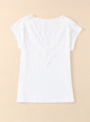 KaleaBoutique Eyelash Scoop Lace Trim V Neck Short Sleeve Shirt Top - KaleaBoutique.com