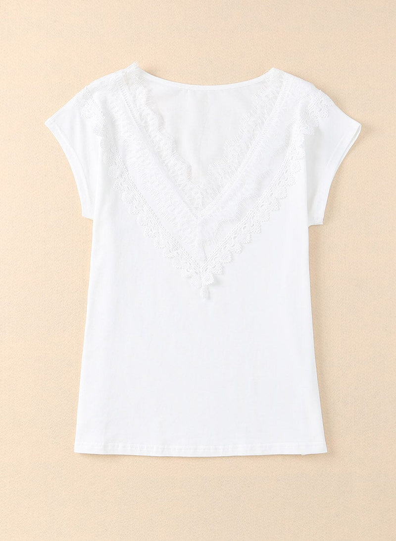 KaleaBoutique Eyelash Scoop Lace Trim V Neck Short Sleeve Shirt Top - KaleaBoutique.com