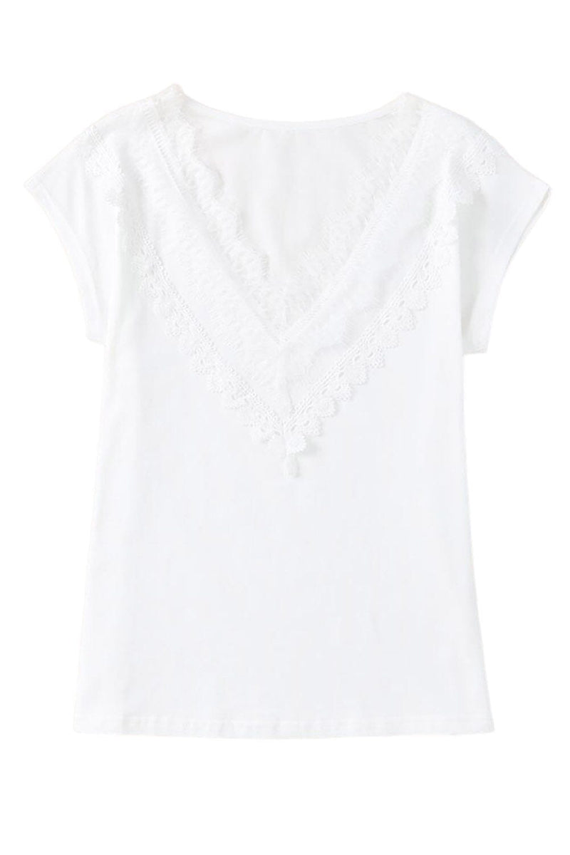 KaleaBoutique Eyelash Scoop Lace Trim V Neck Short Sleeve Shirt Top - KaleaBoutique.com