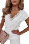 KaleaBoutique Eyelash Scoop Lace Trim V Neck Short Sleeve Shirt Top - KaleaBoutique.com