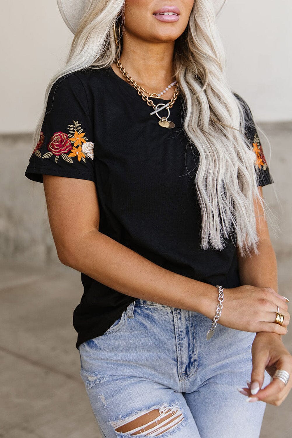 KaleaBoutique Beautiful Floral Embroidered Round Neck Short Sleeve T Shirt - KaleaBoutique.com