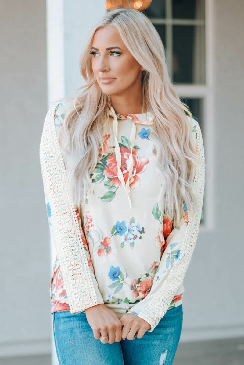 Kalea Boutique Beautiful Floral Print Lace Contrast Long Sleeve Hoodie - KaleaBoutique.com