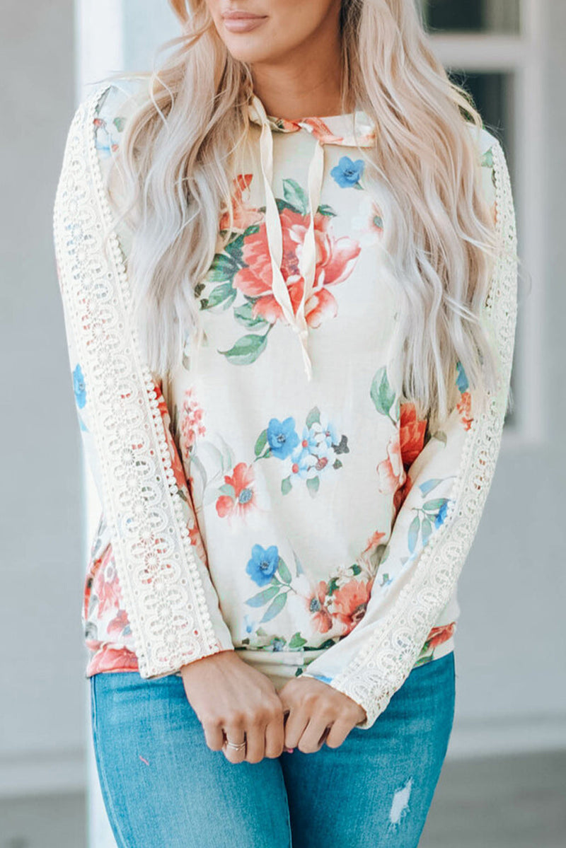 Kalea Boutique Beautiful Floral Print Lace Contrast Long Sleeve Hoodie - KaleaBoutique.com