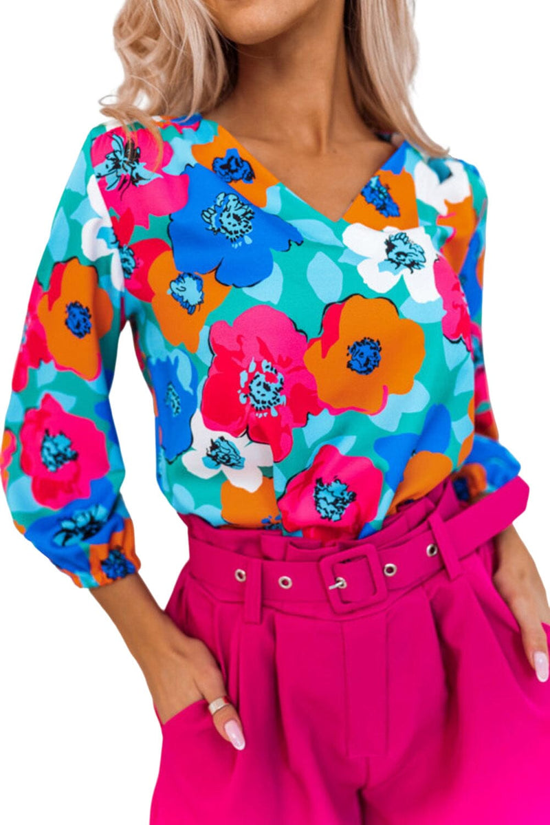 KaleaBoutique Stylish Floral Print V Neck 3/4 Sleeve Blouse - KaleaBoutique.com