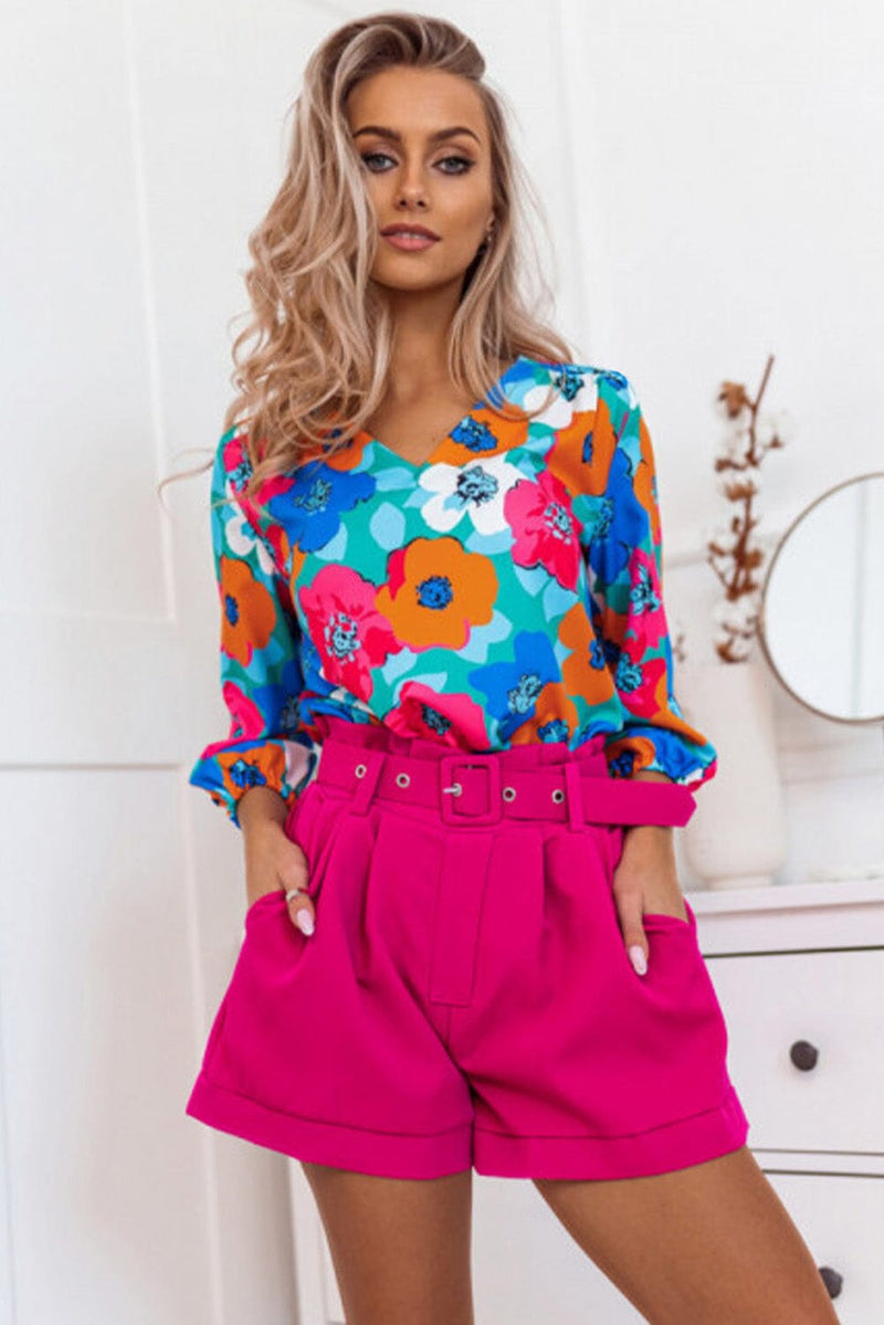 KaleaBoutique Stylish Floral Print V Neck 3/4 Sleeve Blouse - KaleaBoutique.com