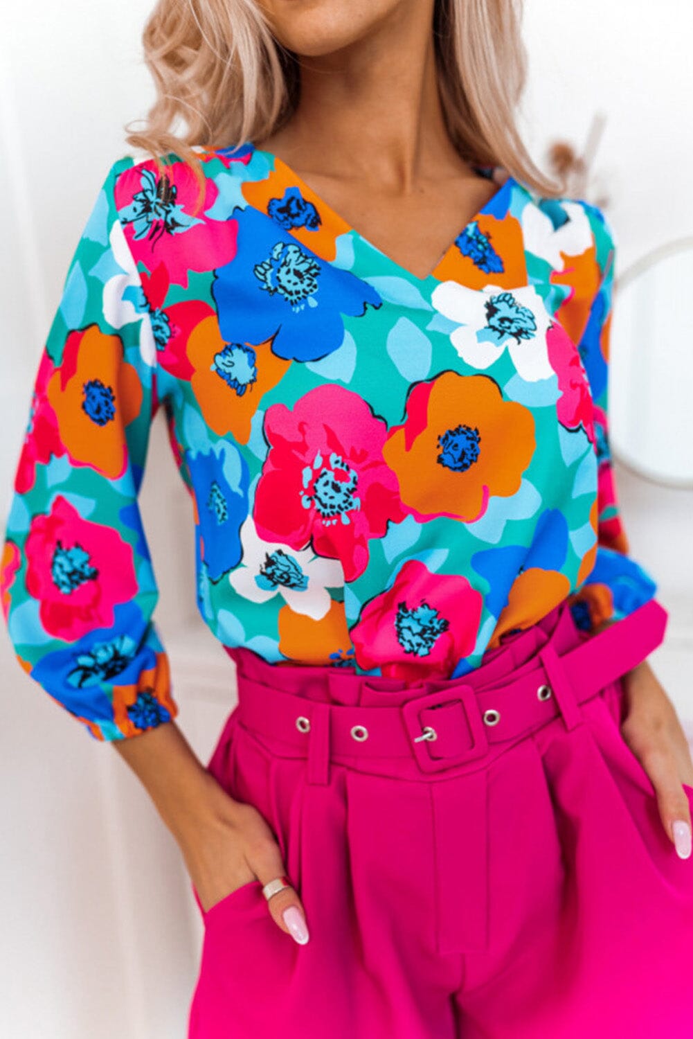 KaleaBoutique Stylish Floral Print V Neck 3/4 Sleeve Blouse - KaleaBoutique.com