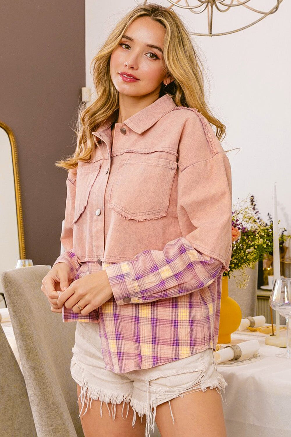 KaleaBoutique Frayed Patchwork Plaid Contrast Jacket KaleaBoutique