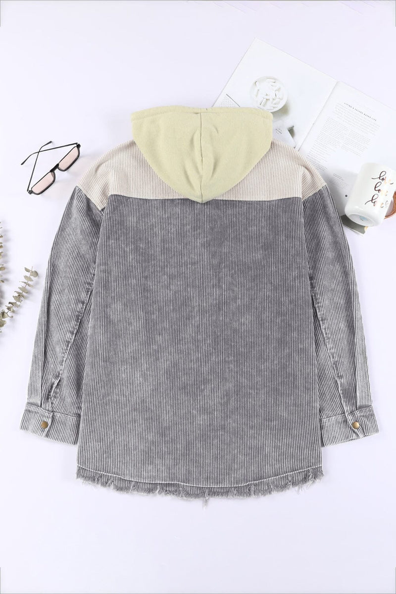KaleaBoutique Gray Color Block Button Down Hooded Corduroy Jacket - KaleaBoutique.com