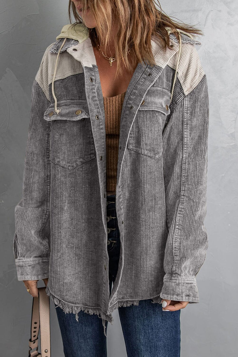 KaleaBoutique Gray Color Block Button Down Hooded Corduroy Jacket - KaleaBoutique.com