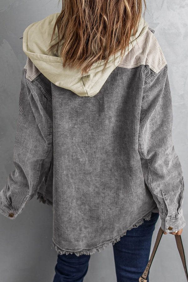 KaleaBoutique Gray Color Block Button Down Hooded Corduroy Jacket - KaleaBoutique.com