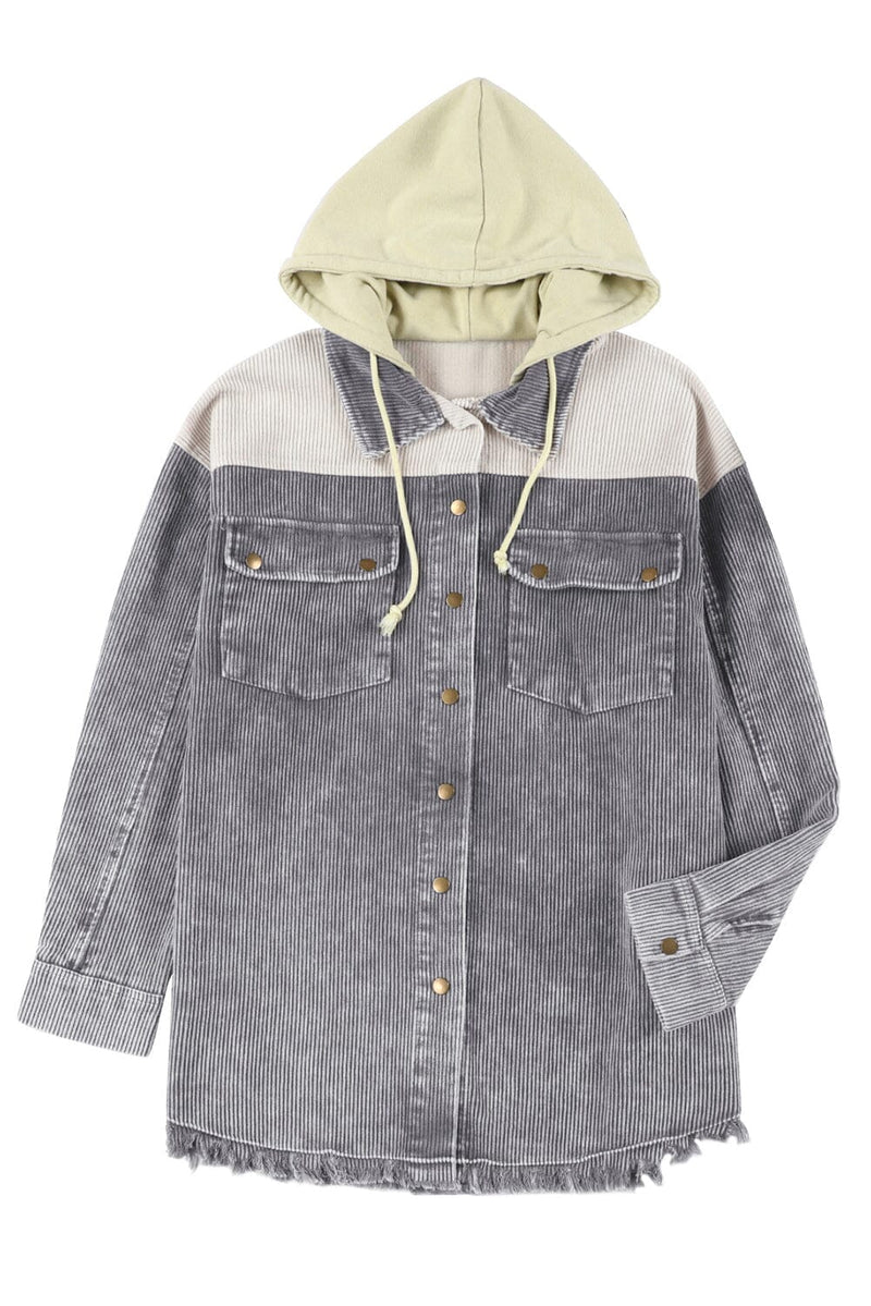KaleaBoutique Gray Color Block Button Down Hooded Corduroy Jacket - KaleaBoutique.com