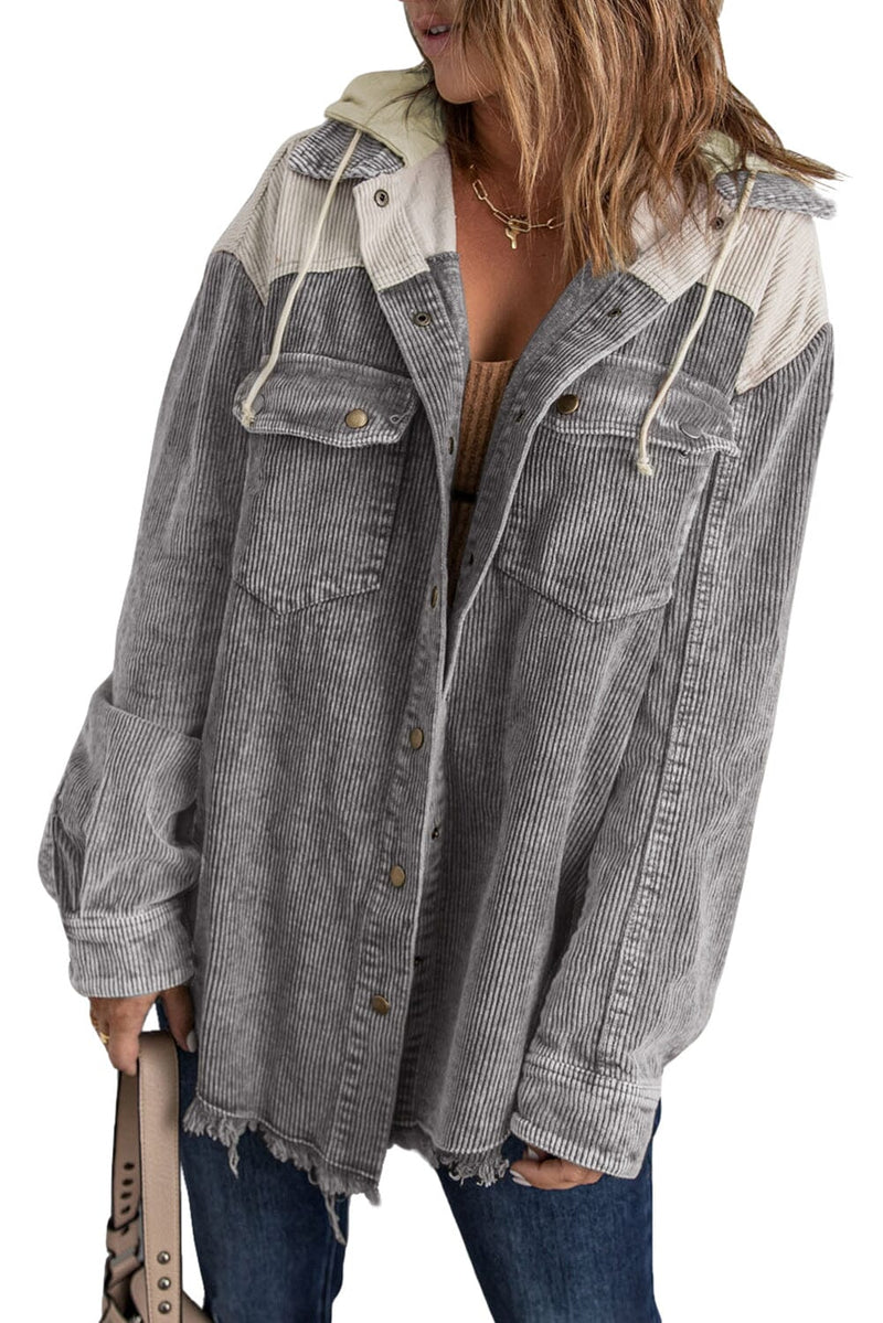 KaleaBoutique Gray Color Block Button Down Hooded Corduroy Jacket - KaleaBoutique.com