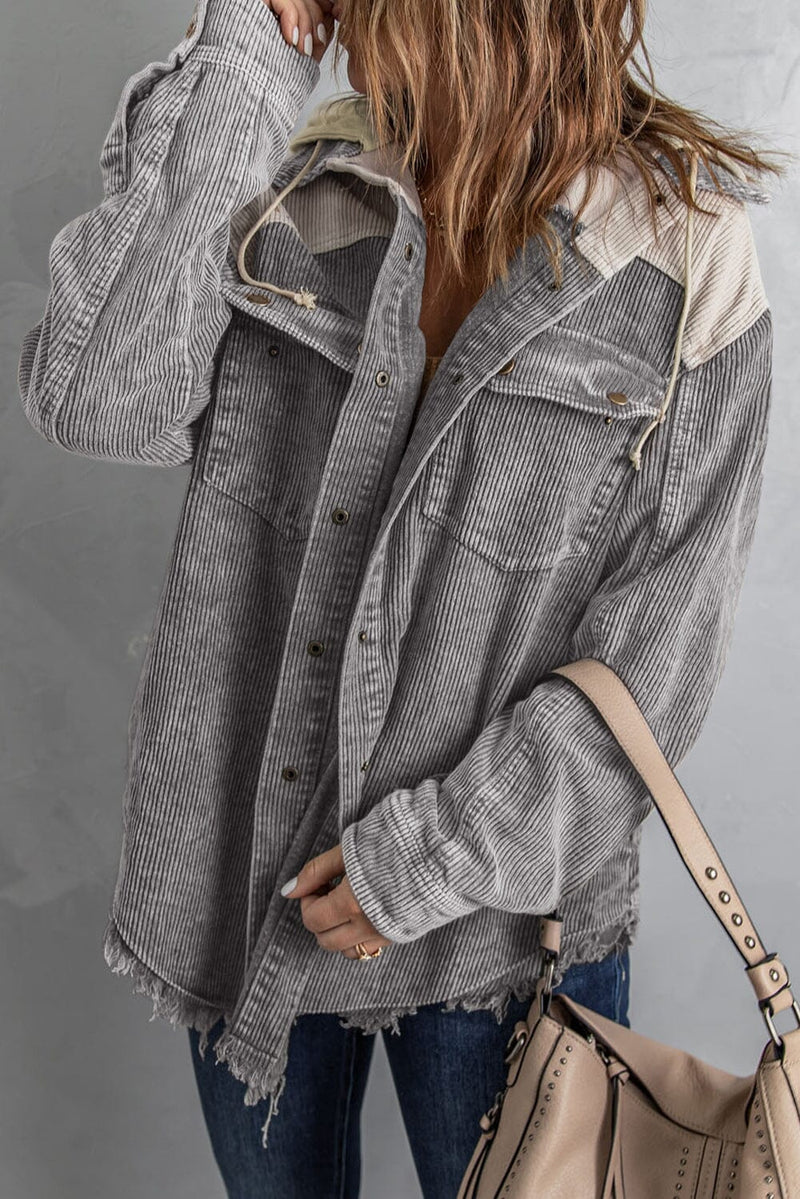 KaleaBoutique Gray Color Block Button Down Hooded Corduroy Jacket - KaleaBoutique.com