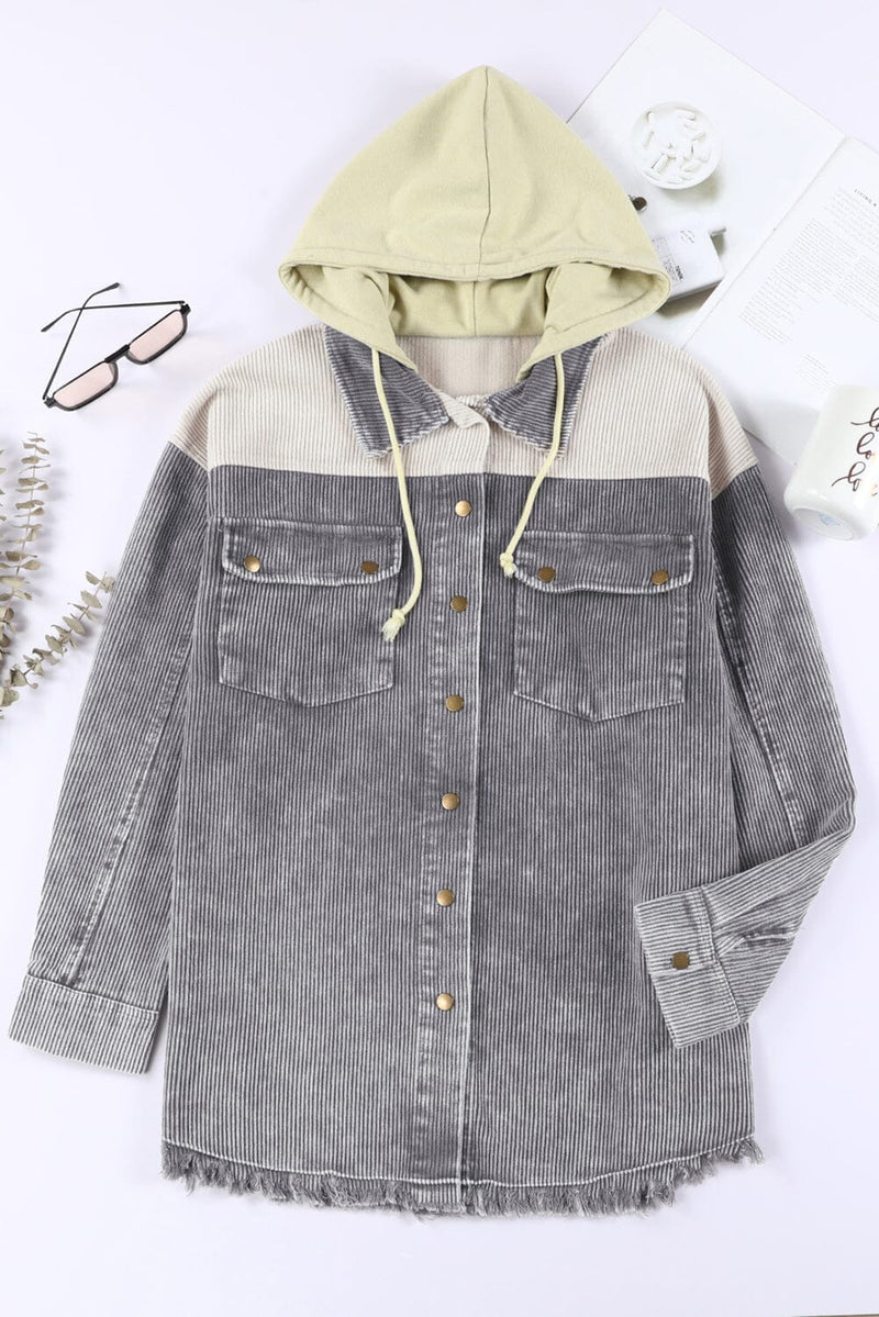 KaleaBoutique Gray Color Block Button Down Hooded Corduroy Jacket - KaleaBoutique.com