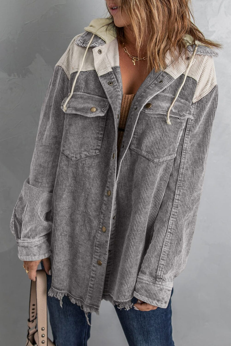 KaleaBoutique Gray Color Block Button Down Hooded Corduroy Jacket - KaleaBoutique.com