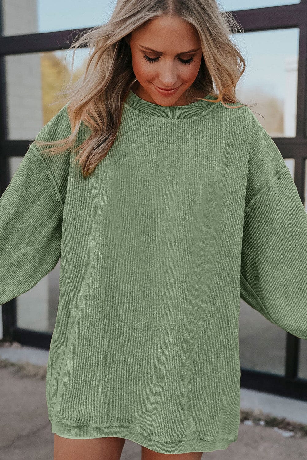 KaleaBoutique Green Ribbed Corded Oversized Sweatshirt - KaleaBoutique.com
