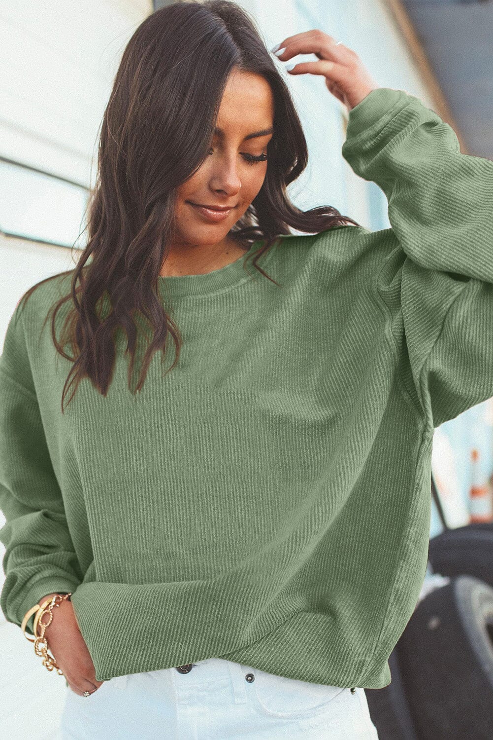 KaleaBoutique Green Ribbed Corded Oversized Sweatshirt - KaleaBoutique.com