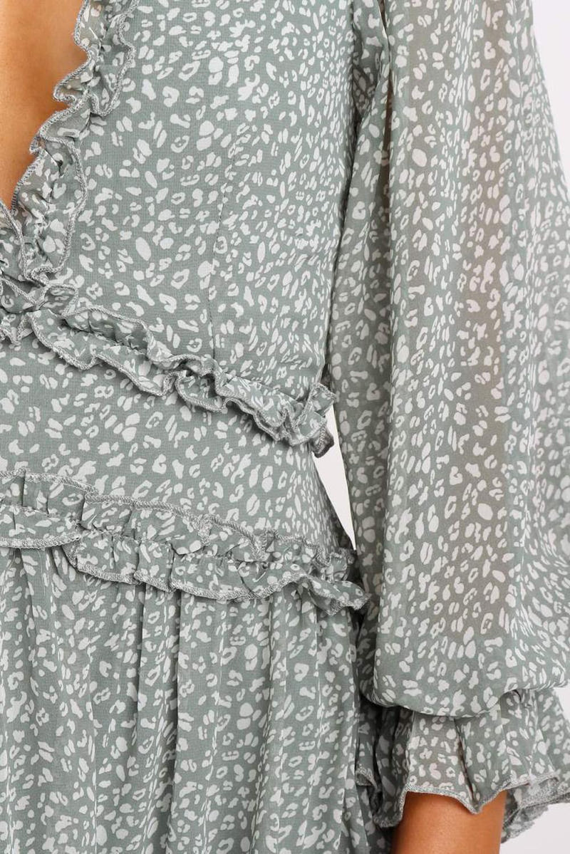 KaleaBoutique Beautiful Light Green Ruffle Detailing Open Back Floral Dress - KaleaBoutique.com