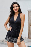 KaleaBoutique Halter Deep V Neck Sleeveless Open Back Ruched Splicing Tankini - KaleaBoutique.com